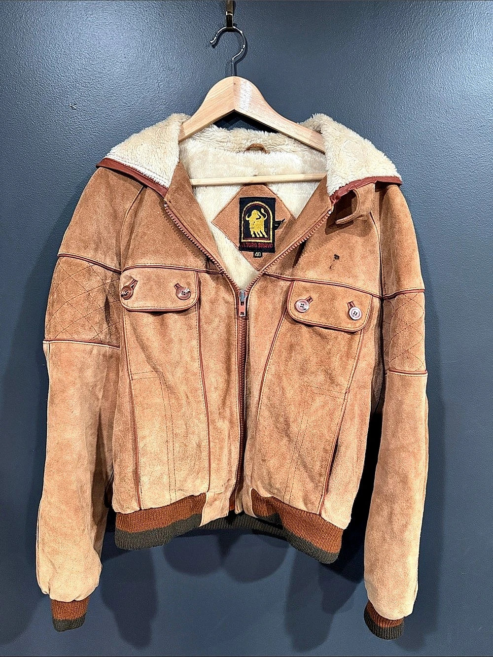El Toro Bravo Shearling-Lined Suede Hooded Jacket Size 40